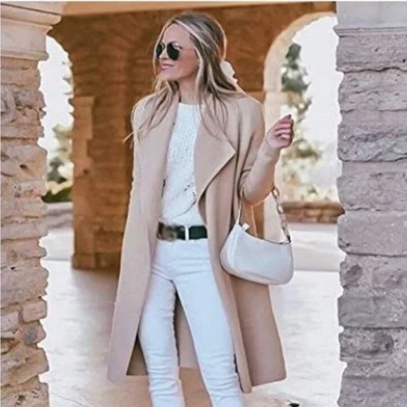 NWT Chicwish Open Front Cardigan Pockets Wide Collar Camel Tan Small - Picture 3 of 12